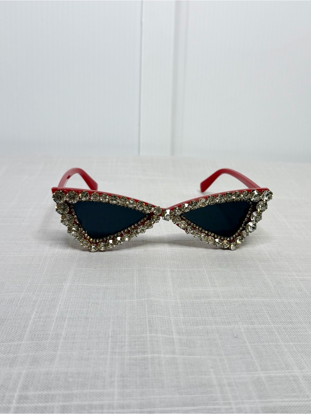Red Rhinestone Cat Eye Sunglasses | Retro Glam Crystal Frames - Picture 2 of 4
